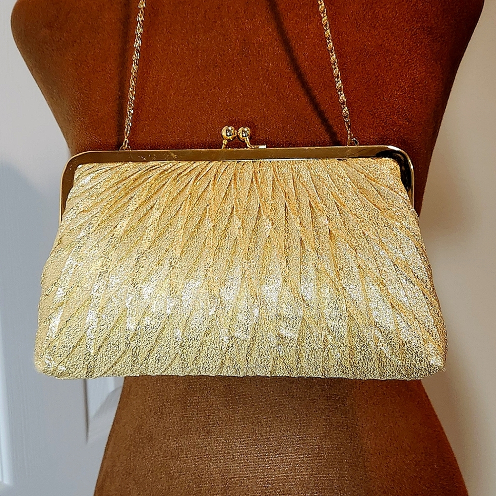 La Regale Vintage Gold Lame Textured Gold Clutch Evening Bag